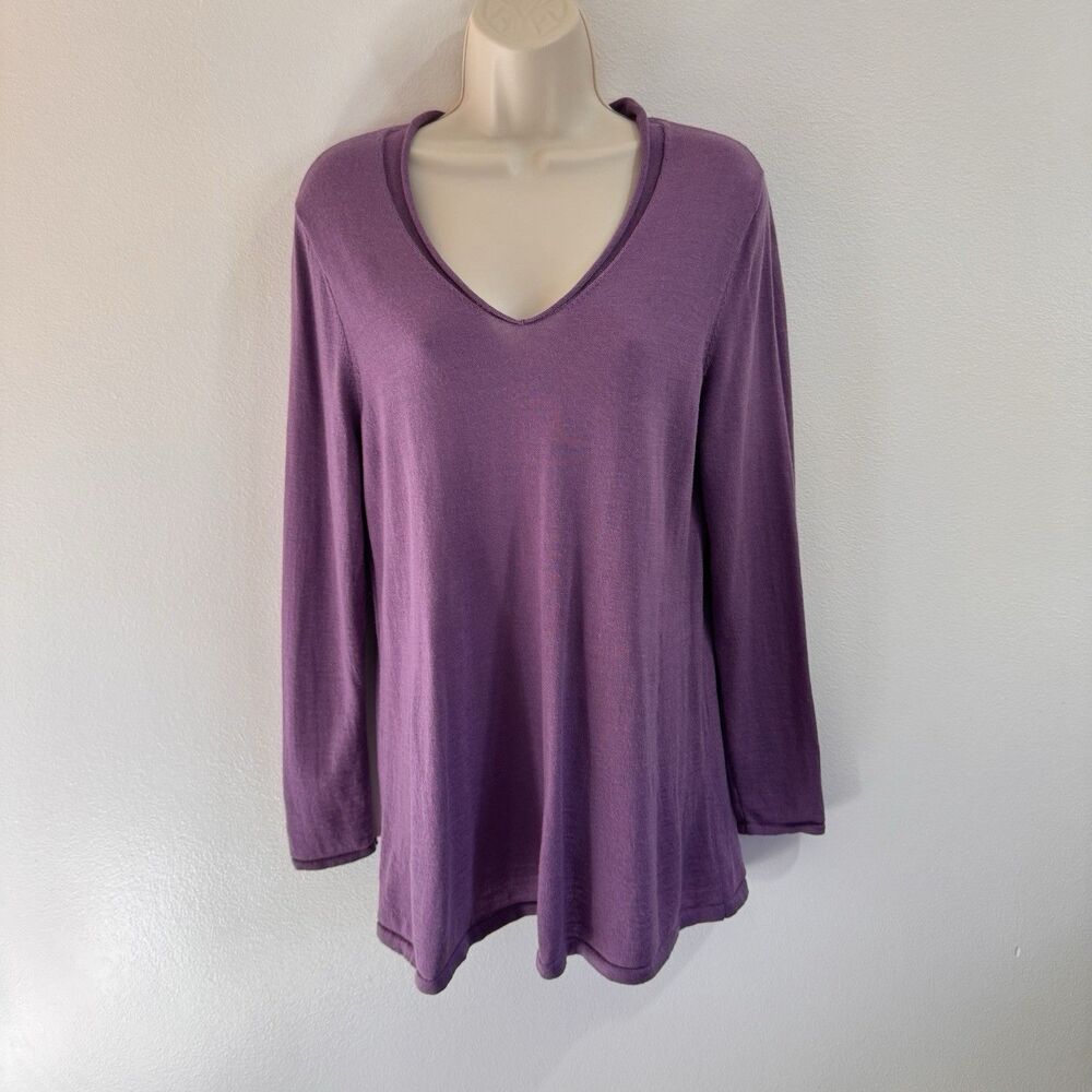 J. Jill Sweater Pullover M 100% Merino Wool Purple V-neck Knit Long Sleeve